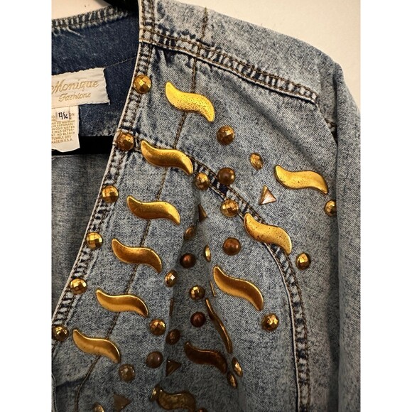 Monique Fashions 80s Acid Washed Blue Denim Gold Stud Shirt Jacket  13/14 - Picture 8 of 10